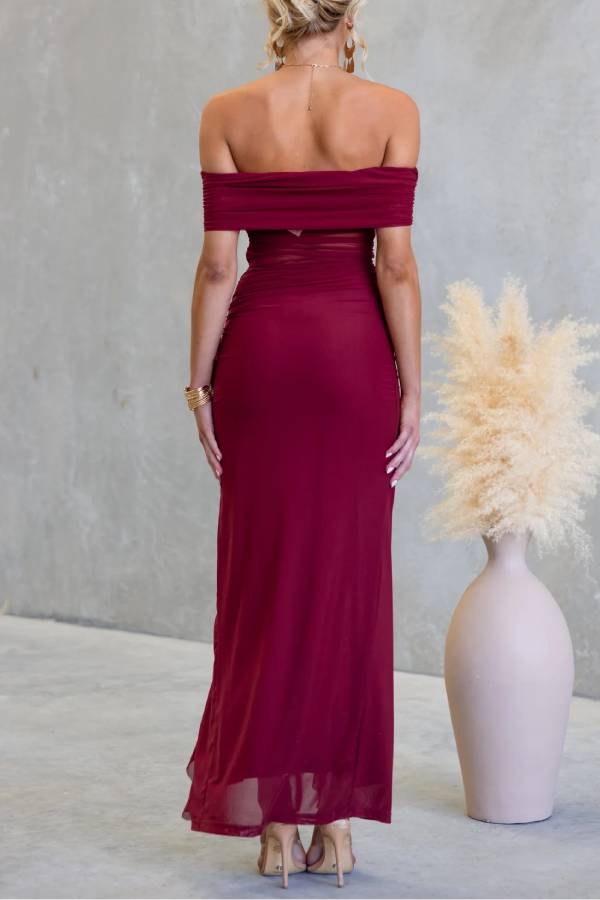 Off Shoulder Sheer Mesh Ruched Ruffle Slit Bodycon Maxi Dress