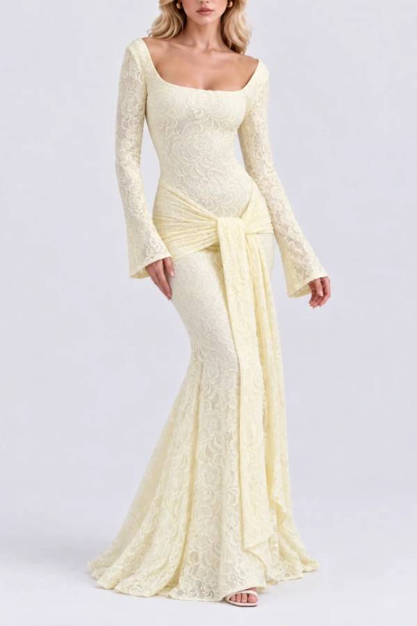 Square Neck Long Sleeve Lace Draped Front Maxi Dress