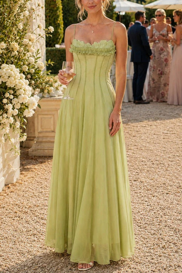 Dreamy Tulle Ruffled Shirred Corset Back Smocked Slip Maxi Dress