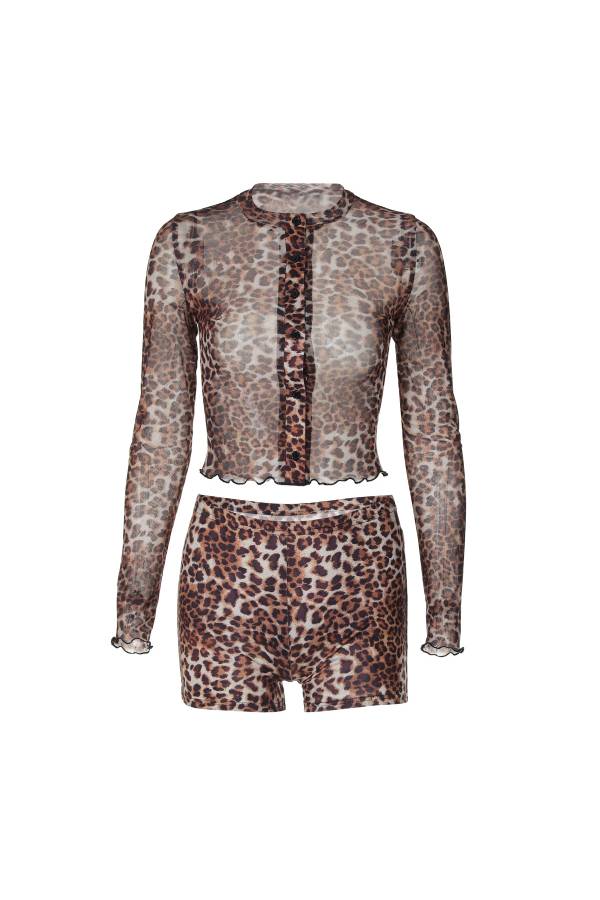 Wild leopard print mesh see-through slim two-piece suit