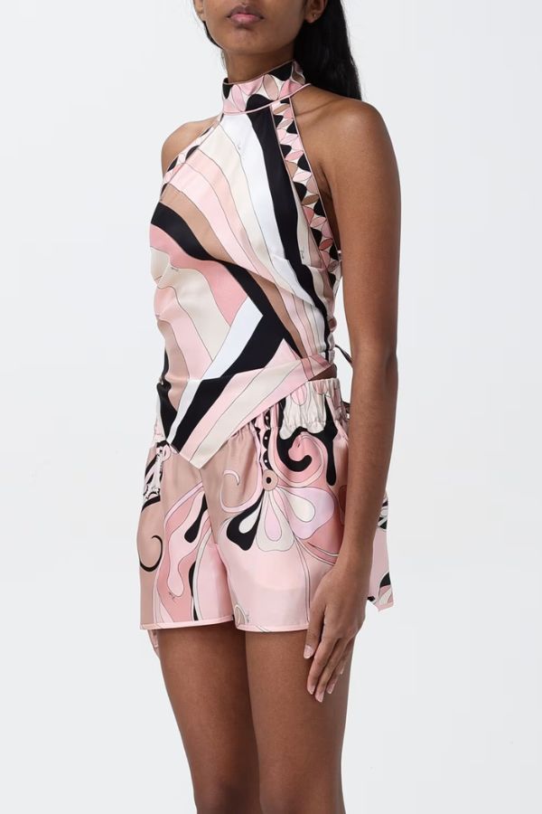Caralyn Satin Unique Print Halter Tie-up Tank and Elastic Waist Pocketed Mini Shorts Set