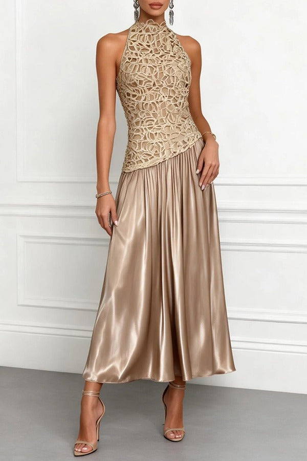 Spring Garden Galas Lace Satin Crew Neck Sleeveless A-Line Maxi Dress