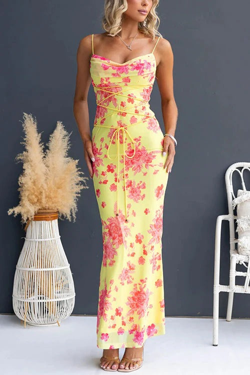 Spaghetti Strap Lace-up Floral Print Maxi Dress