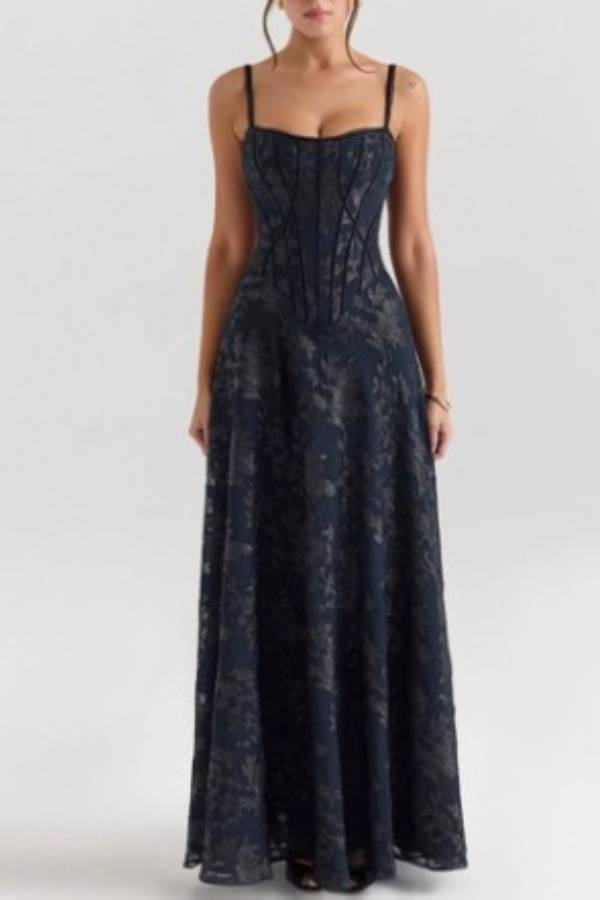 Jacquard Corset-Waist A-Line Maxi Dress