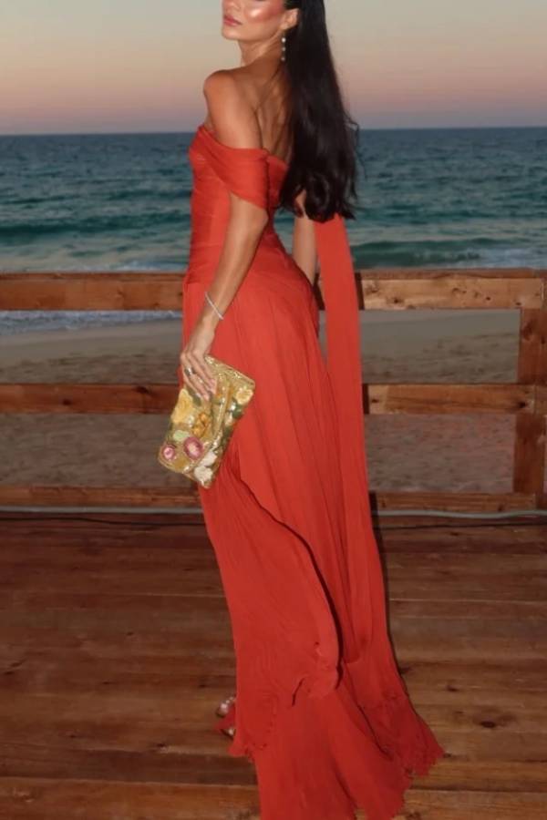 One Shoulder Ruched Chiffon Maxi Dress Elegant Evening Party Gown