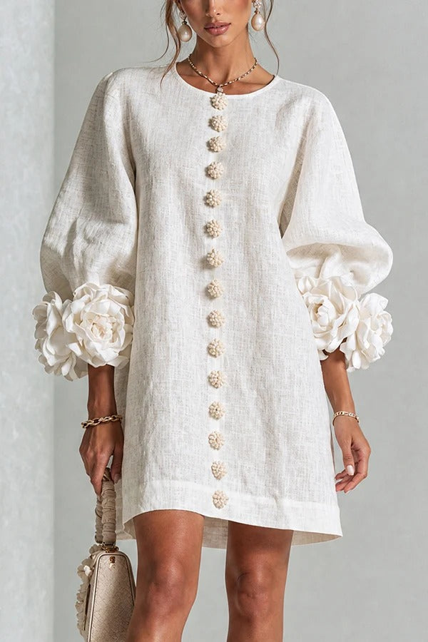 Rima Linen Blend Flowers Button Down Floral Cuffs Half Sleeve Mini Dress