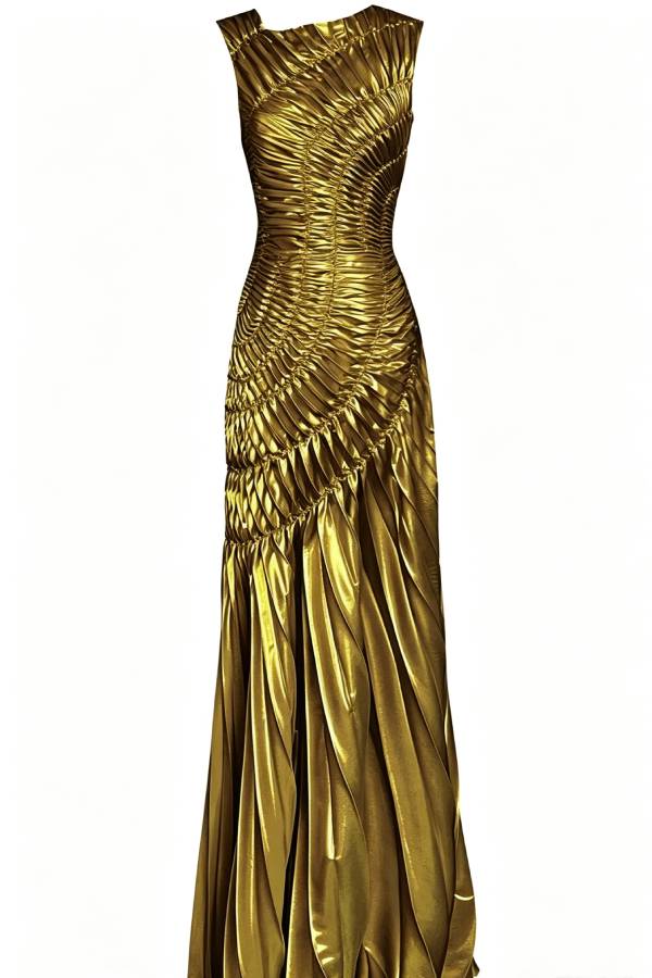 Fossil Metallic Fabric Radial Pleated Pattern Crew Neck Sleeveless Maxi Dress