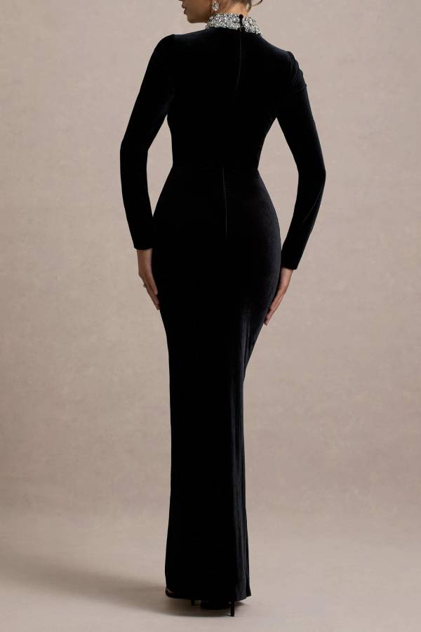 Love Lost Velvet Embellished High Neck Long Sleeve Twist Slit Maxi Dress
