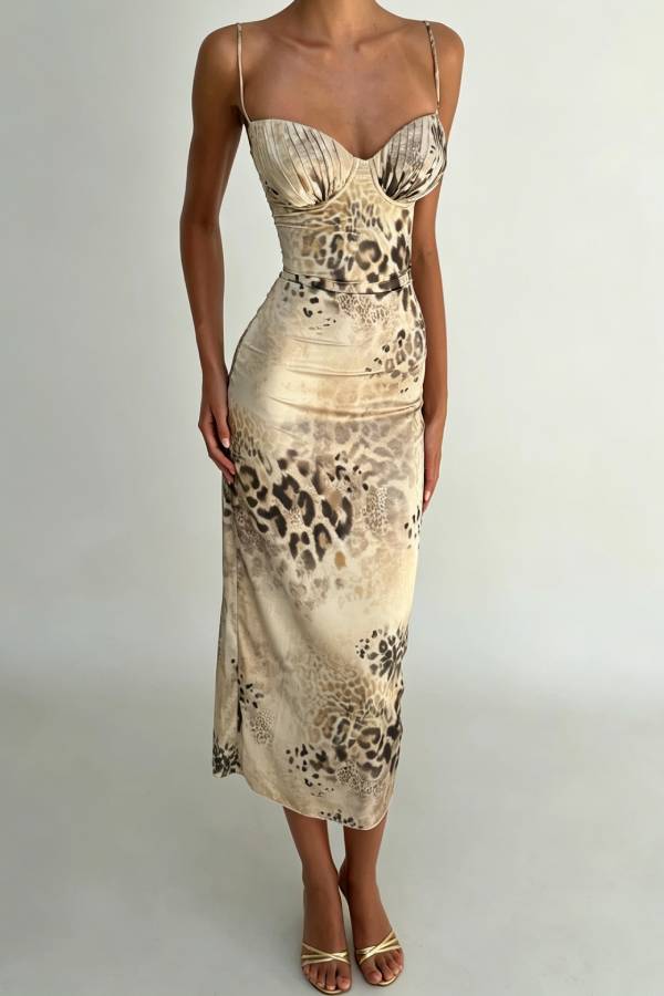 Satin Leopard Lace-Up Back Slit Midi Dress