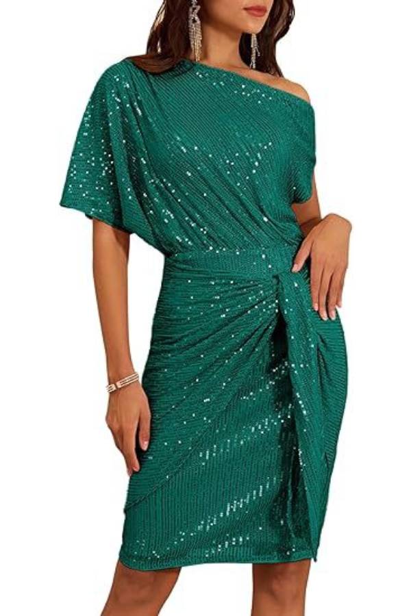 One-shoulder sequined twisted fitted party dress