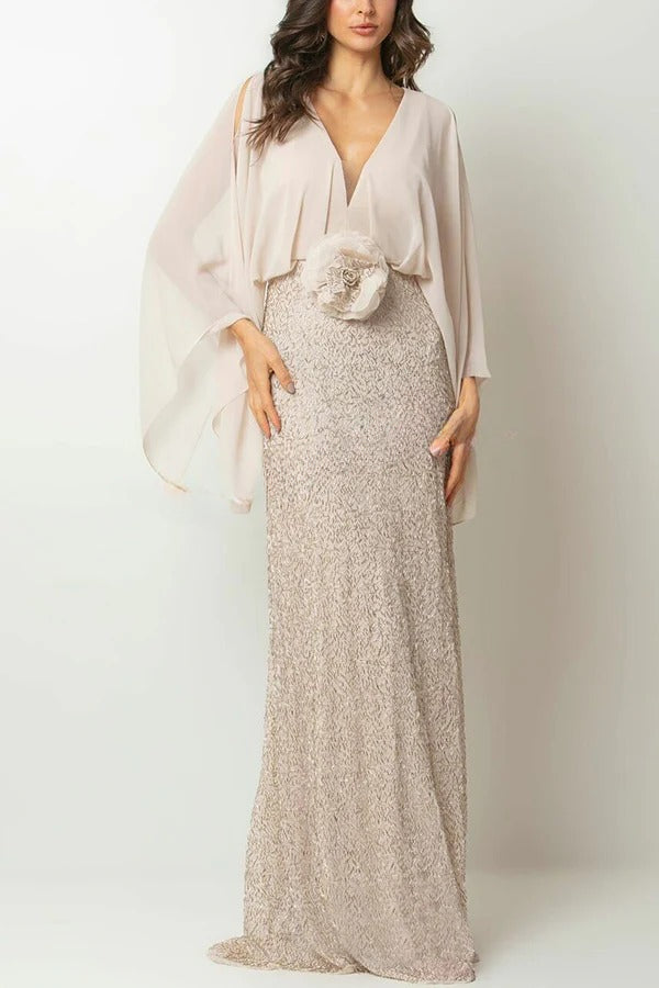 Aleina Chiffon Batwing Sleeve Flower Embroidered Waist Sequin Fabric Maxi Dress