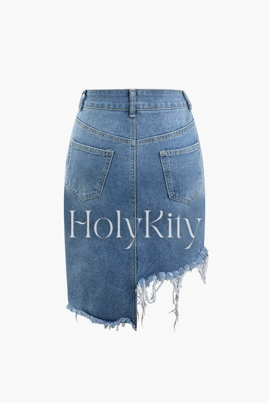 Jupe asymétrique en jean à ourlet effiloché 