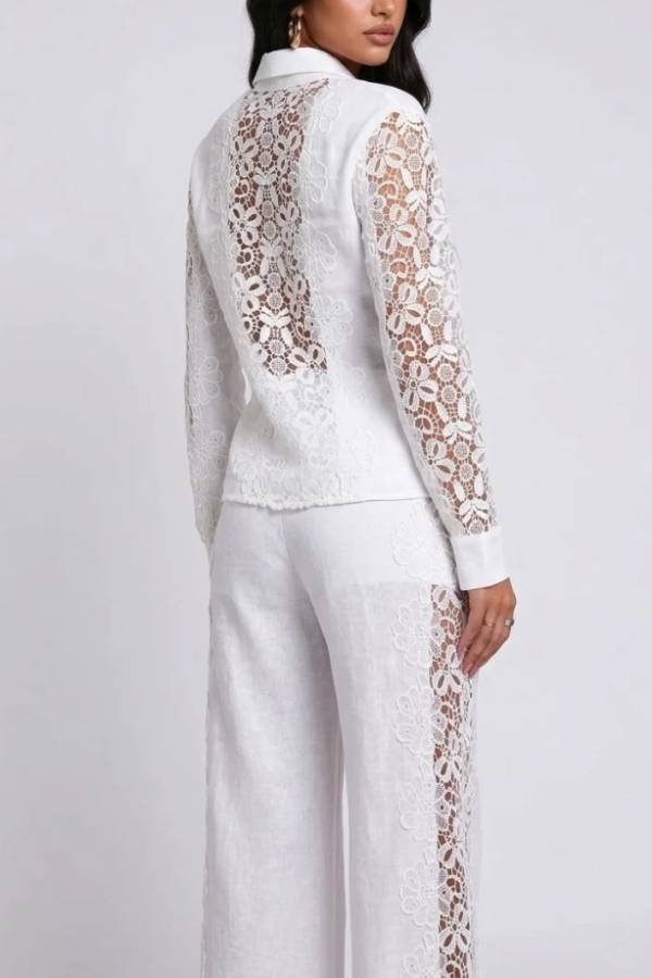 White Lace Panel Long Sleeve Shirt and Wide Leg Pants Two Piece Set