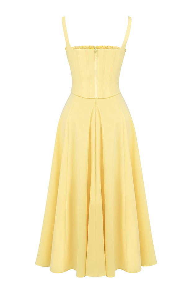 Spaghetti Strap Corset A-Line Slit Hem Midi Dresses-Yellow