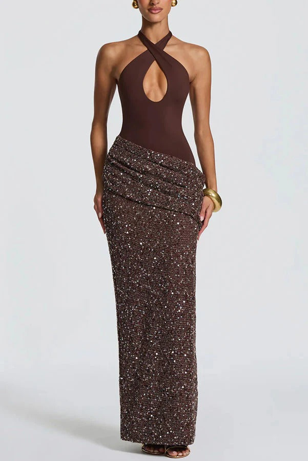 Solea Stretch Jersey Ruched Sequin Embellished Hem Adjustable Halter Maxi Dress