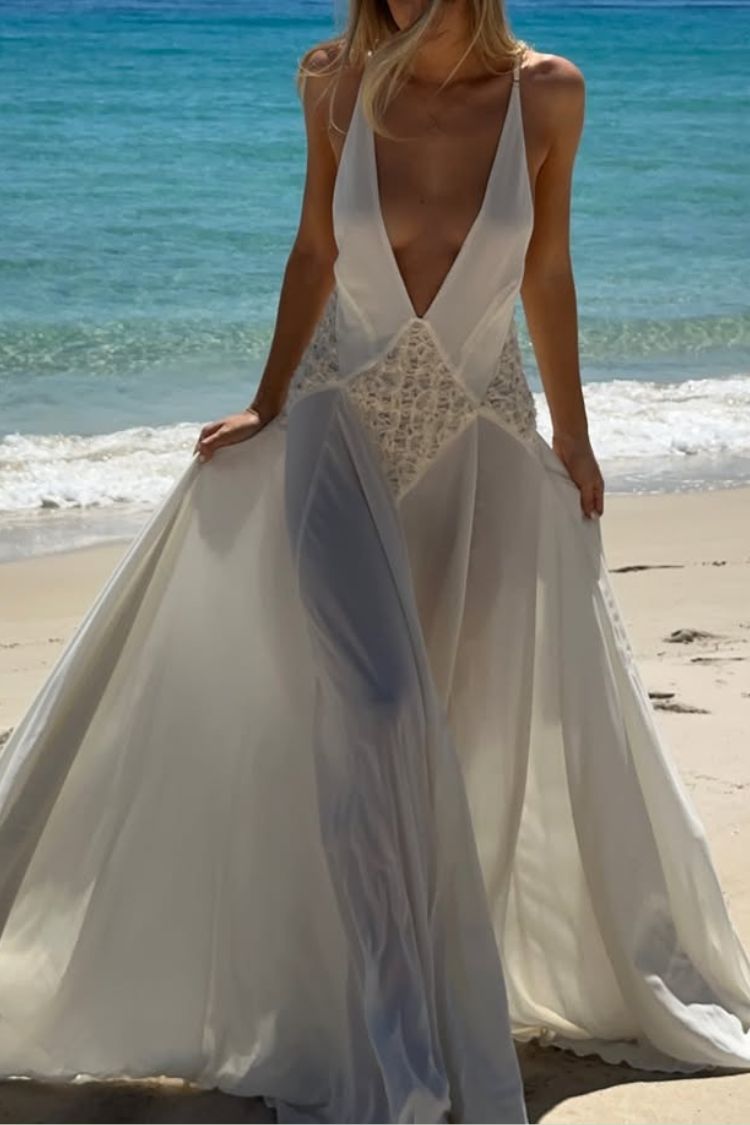 Venus By The Sea Tulle Lace Patchwork Backless Flowy Maxi Dress