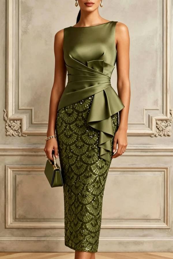 Julieta Pleated Satin Fan-shaped Sequin Hem Boat Neck Sleeveless Midi Dress