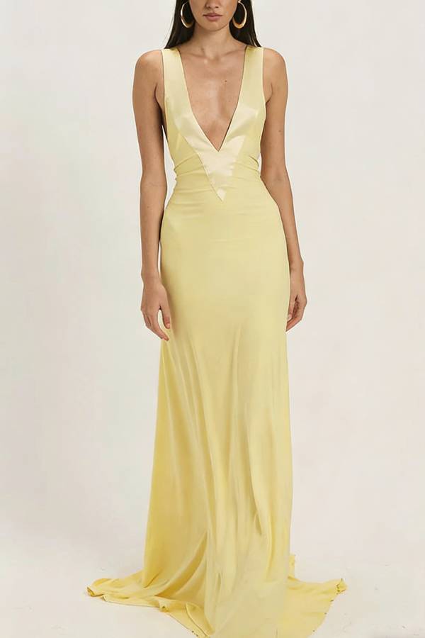 Moon Light Satin V-neck Draping Knit Fabric Backless Maxi Dress