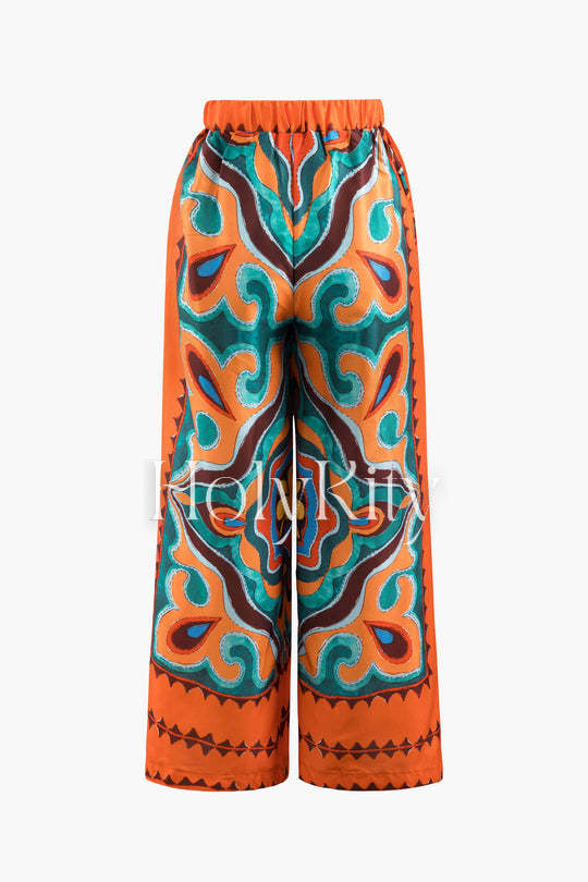 Tropical Print Tie Waist Wide Leg Pants