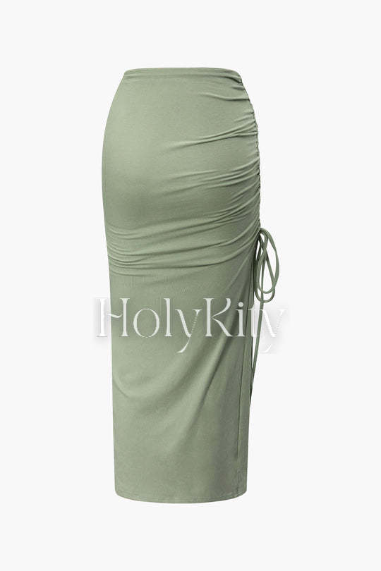 Ruched Drawstring Split Skirt