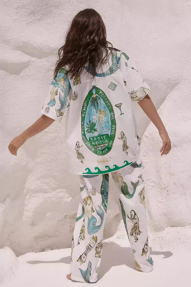 Drawing Print Half Sleeve Blouse Wide Leg Pants Matching Set