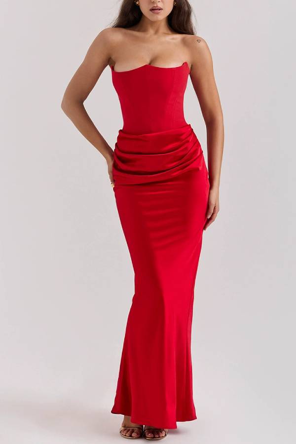Elegant Strapless Patchwork Formal Party Fishtail Maxi Dresses-Black