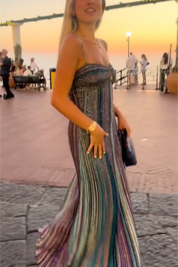 Iridescent Striped Knit Spaghetti Strap Maxi Dress