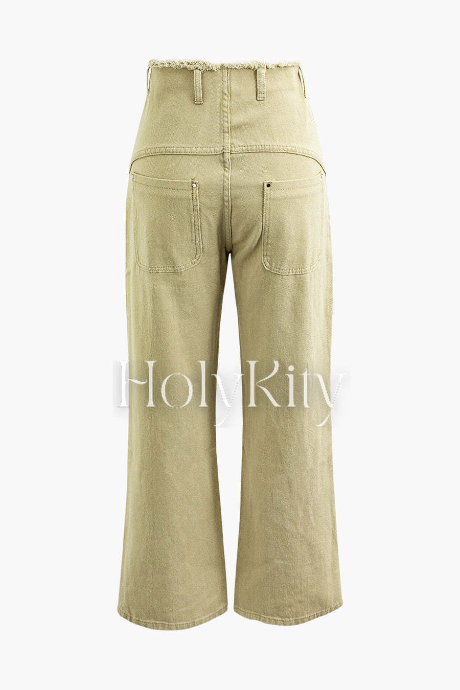 Pantalon droit à taille effilochée et rivets décoratifs 