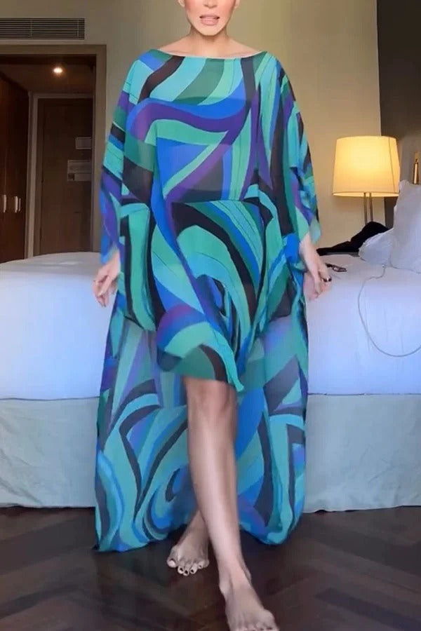 Tamia Sheer Unique Print High Low Hem Loose Kaftan Maxi Dress
