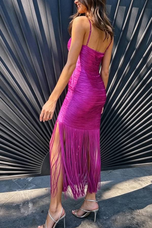 Cocktail Party Tassel Cowl Neck Sleeveless Drape Hem Slip Maxi Dress