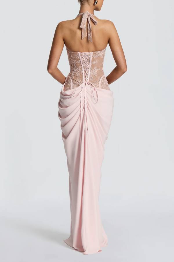 Bonita Floral Lace Contrast Structural Detail Asymmetrical Pleats Halter Slit Maxi Dress