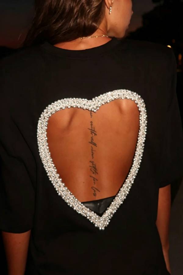 Evelia Shoulder Pads Short Sleeve Back Cut Out Pearls Trim Heart Design Long T-shirts