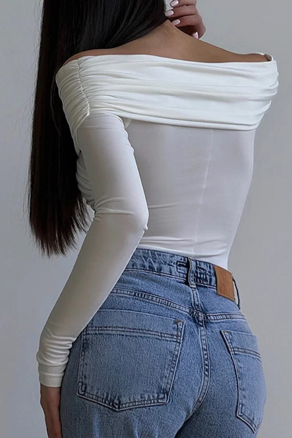 V Neck Off Shoulder Wrapped Ruched Slim Fit Bodysuit-White
