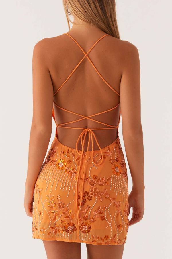 Crisscross Open Back Tie Mini Dress, V Neck Spaghetti Strap Floral Sequin Beaded Mesh Bodycon Party Dress
