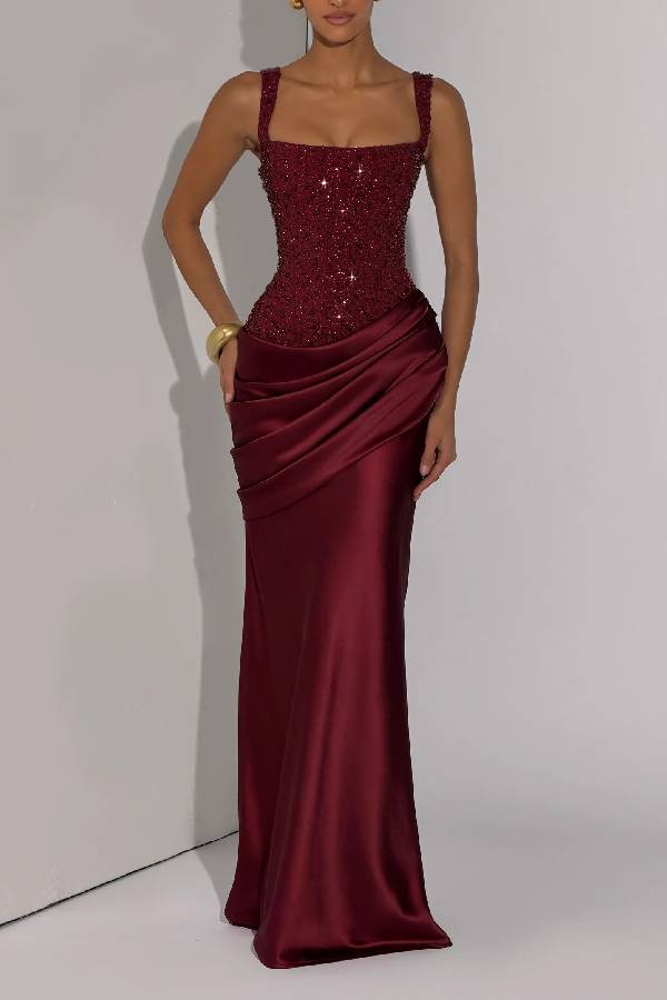Alexandria Sequin Square Neck Back Lace-up Satin Drape Cowl Overlay Maxi Dress