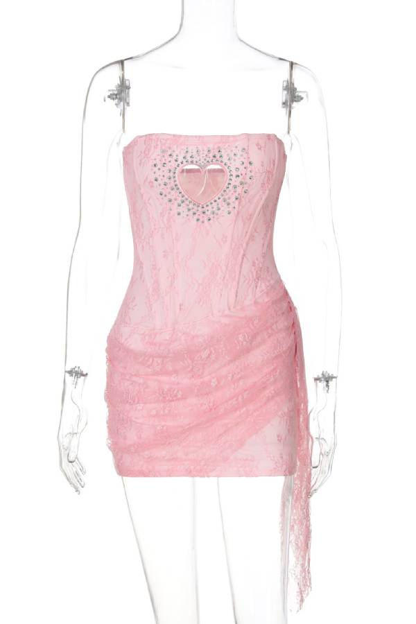 Strapless Heart-Shaped Cutout Rhinestone Embellished Waist-Tie Bodycon Mini Dress