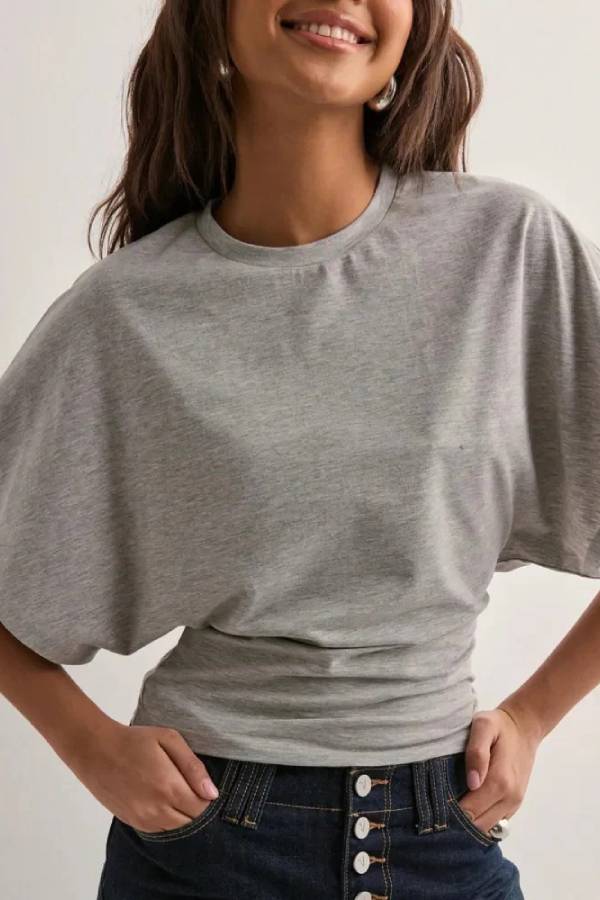 Batwing Sleeve Side Ruched Waist Crop Cotton T Shirt