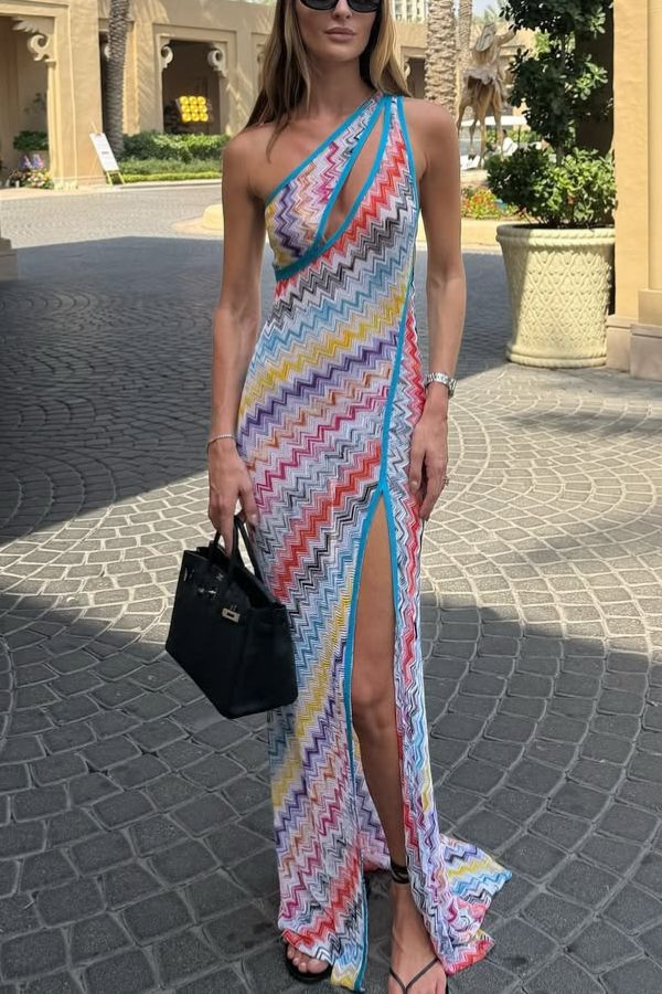 Ivanie Knit Colorful Zigzag Pattern One Shoulder Cutout Slit Maxi Dress