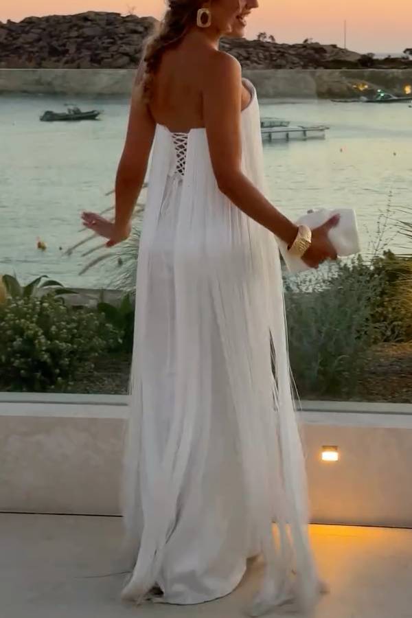 Strapless Long Fringe Evening Gown