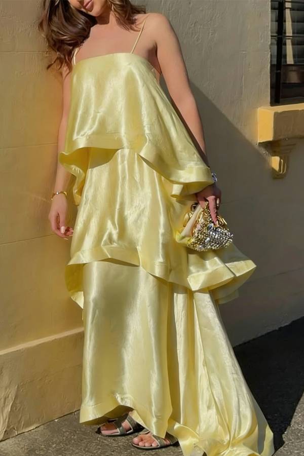 Soft and Smooth Satin Tiered Slip Square Neck A-line Maxi Dress