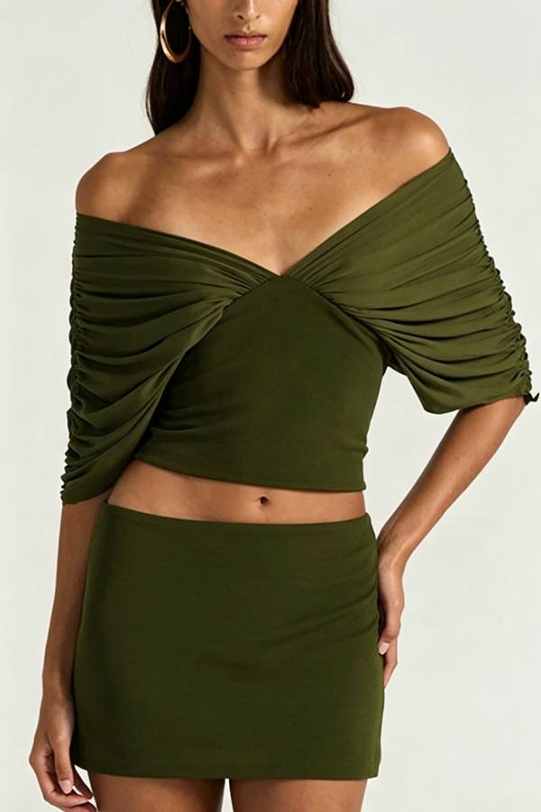 Sienna Olive Ruched Off-The-Shoulder 2-Piece Matching Set