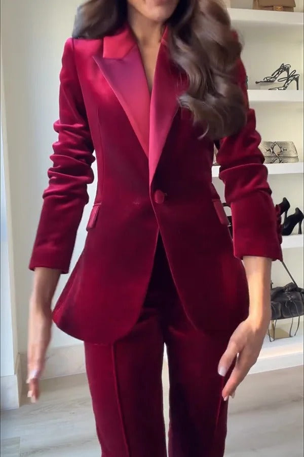 Delicate Daze Velvet Satin Lapel Button Up Long Sleeve Tapered Waist Blazer