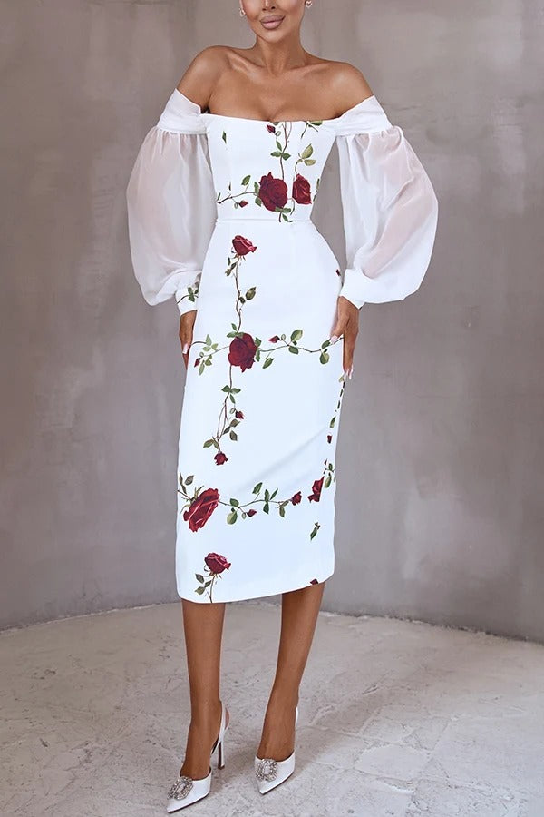 Ellie Rose Print Tulle Lantern Sleeves Off Shoulder Pencil Midi Dress
