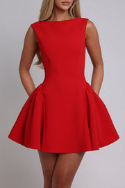 Solid Color Cinch Waist Open Back Mini Tank Dresses-Red