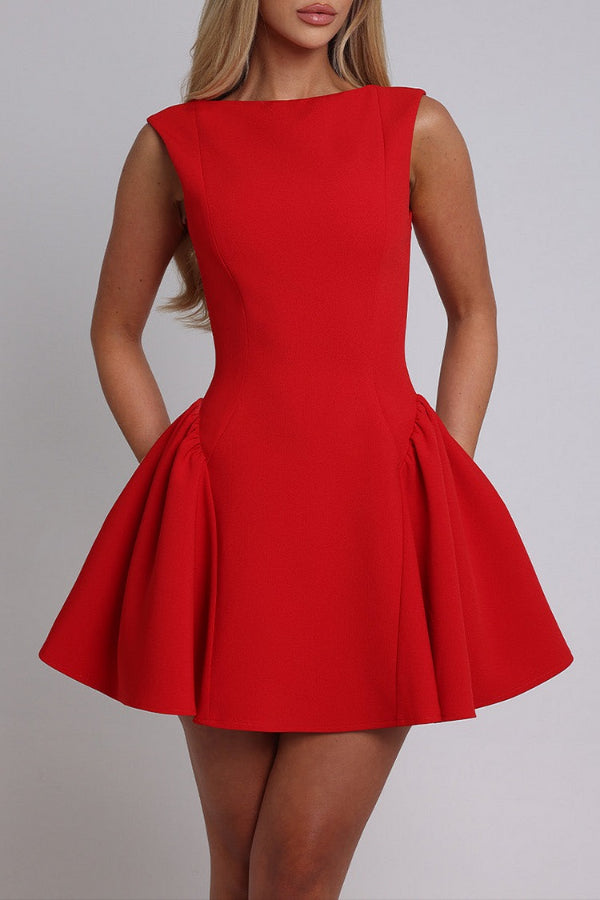 Solid Color Cinch Waist Open Back Mini Tank Dresses-Red