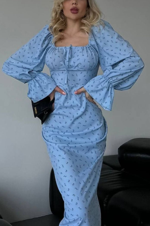 Floral Square Neck Tie-Up Trumpet Sleeve Midi Dress
