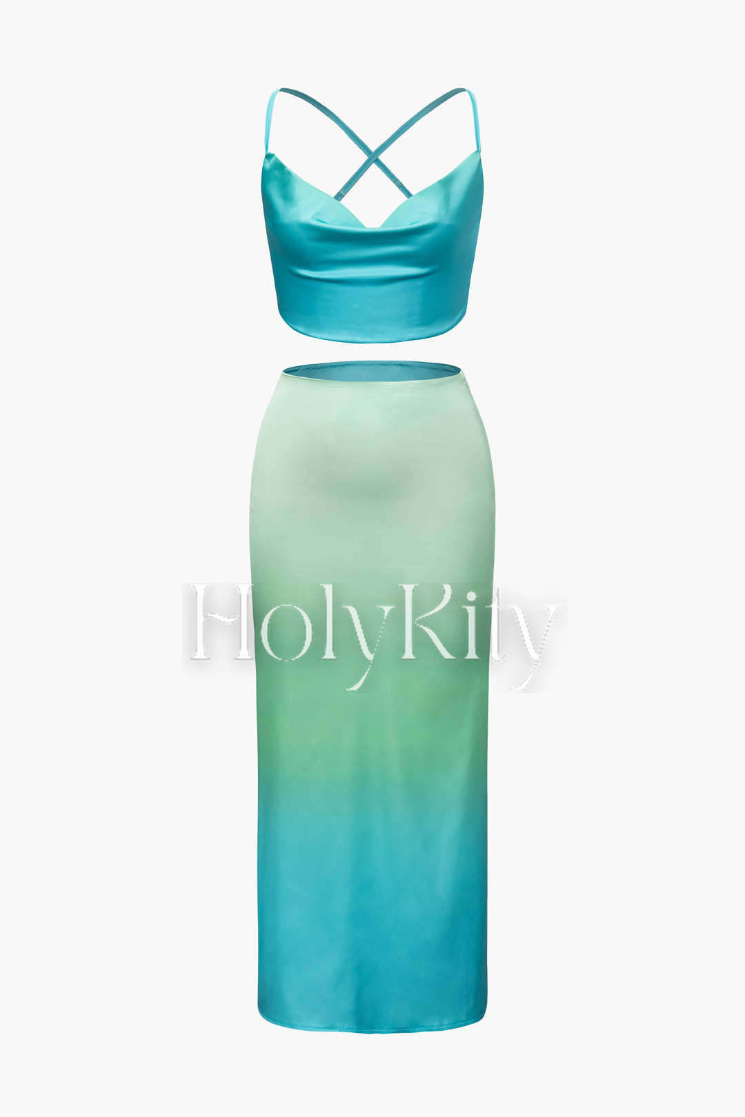Set aus Camisole-Top und Midirock aus Satin mit Wasserfallausschnitt in Ombré-Optik 