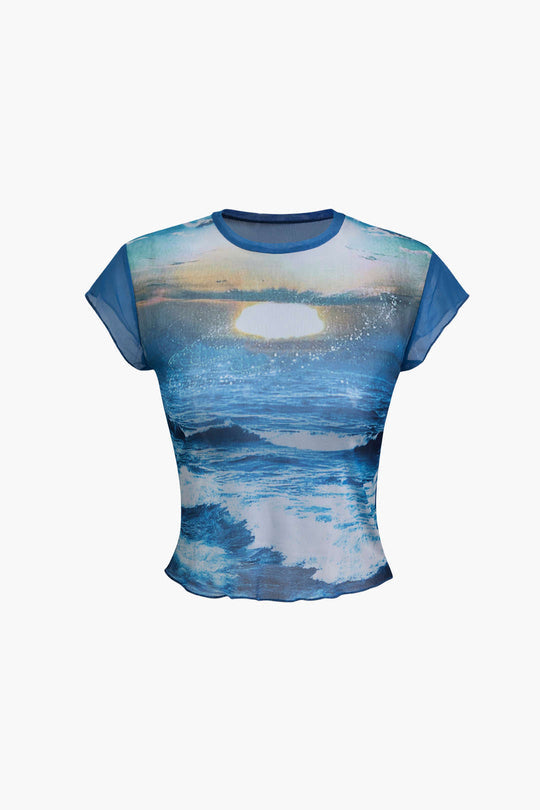 T-shirt en maille transparente à imprimé coucher de soleil 
