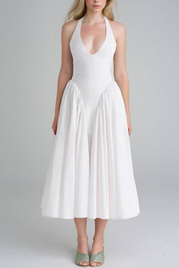 Halter Deep V Bodycon Panel Full Skirt Midi Dress