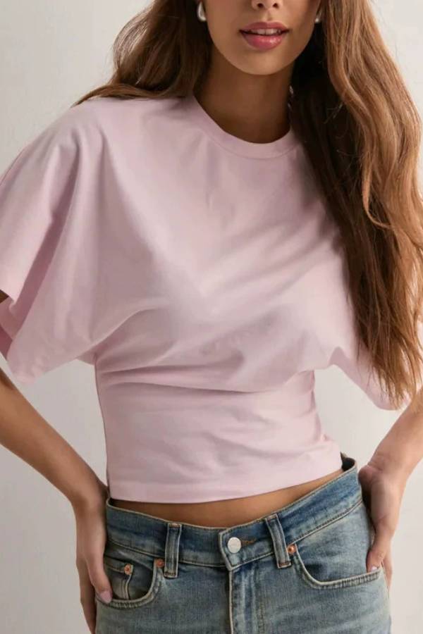 Batwing Sleeve Side Ruched Waist Crop Cotton T Shirt